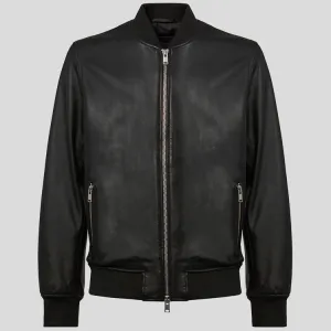 Genuine Leather Bomber Jacket Black