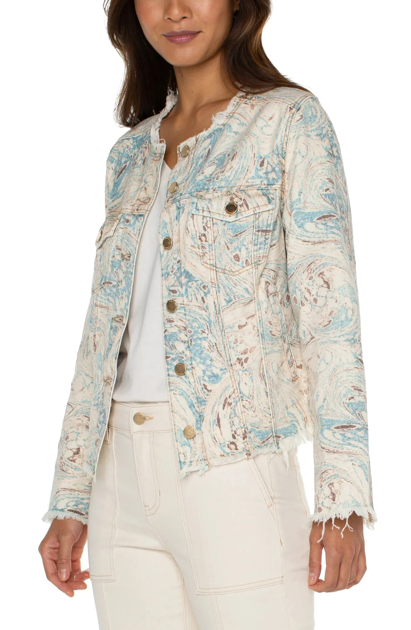 LIVERPOOL LM1789QE3P12 PRINTED CROPPED ECO JACKET WITH FRAY HEM