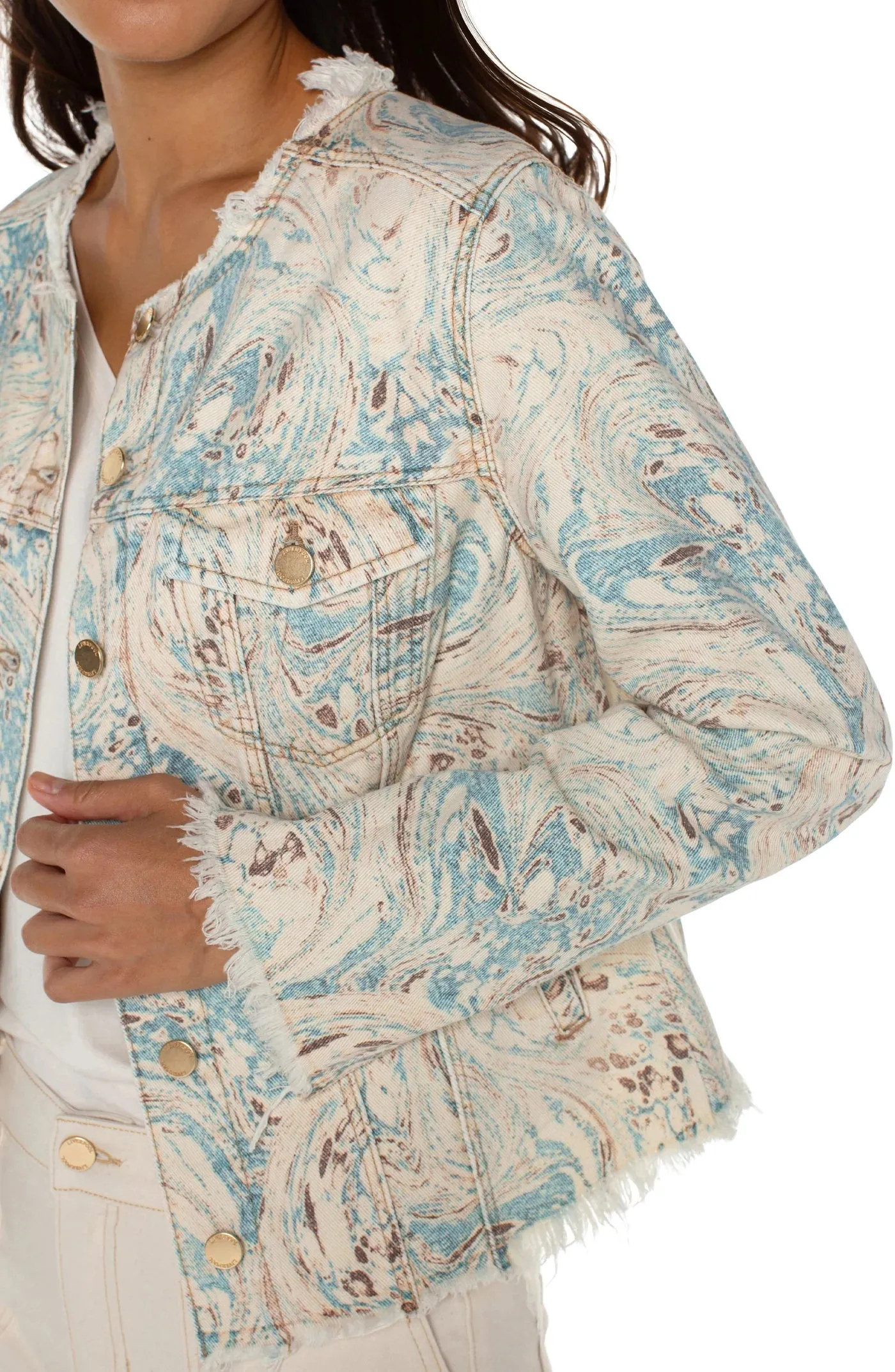 LIVERPOOL LM1789QE3P12 PRINTED CROPPED ECO JACKET WITH FRAY HEM
