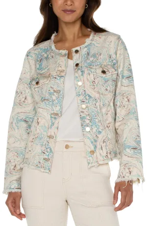 LIVERPOOL LM1789QE3P12 PRINTED CROPPED ECO JACKET WITH FRAY HEM