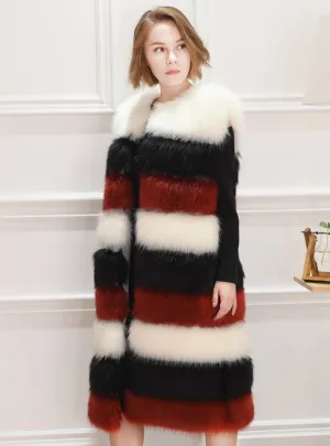 Women Contrast Color Fur Coat Artificial Fox Fur Mosaic